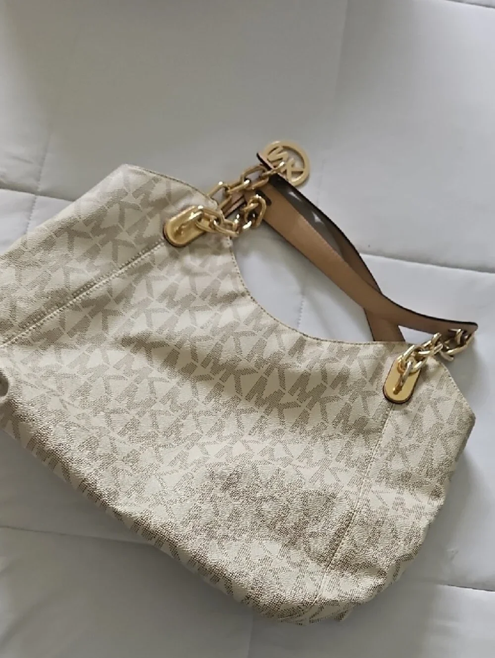 Michael Kors Cream Monogram Hobo Shoulder Bag with Tan Straps